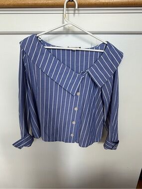 LOFT Blue and White Striped Button-Down Top